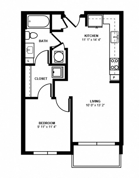 Floor plan for 1 bed, 1 bath, 616 sqft